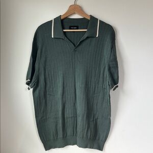 The Tie Bar Green Knit Polo with Cream Trim